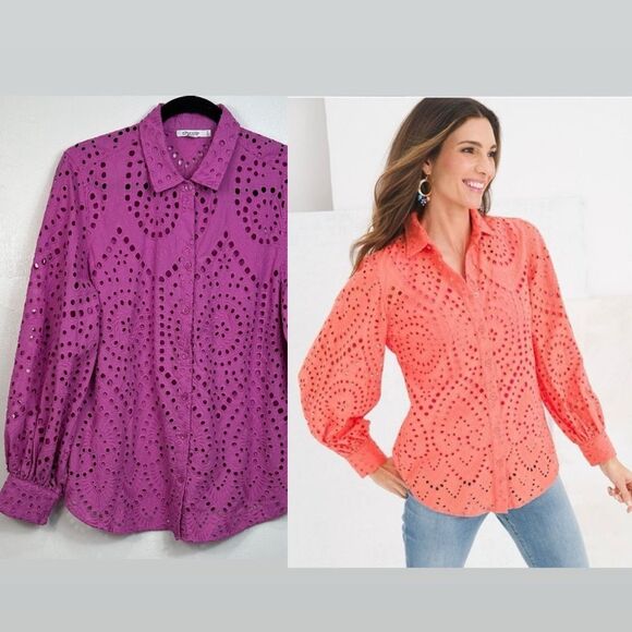 Chicos Cotton Fuschia Eyelet Billow-Sleeve Button Front Blouse Top Size 12 - Picture 1 of 9